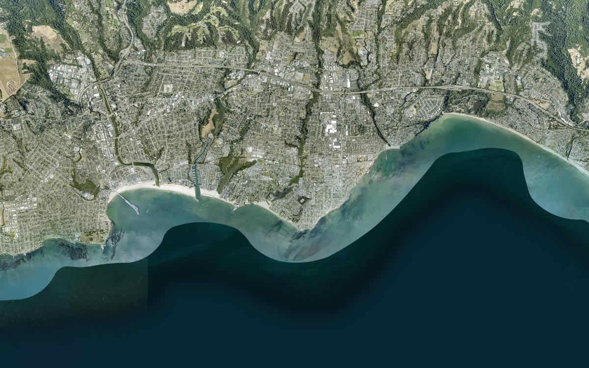Satellite view centered on Beach RV Pleasure Point, showing the area within 20 minutes by bike