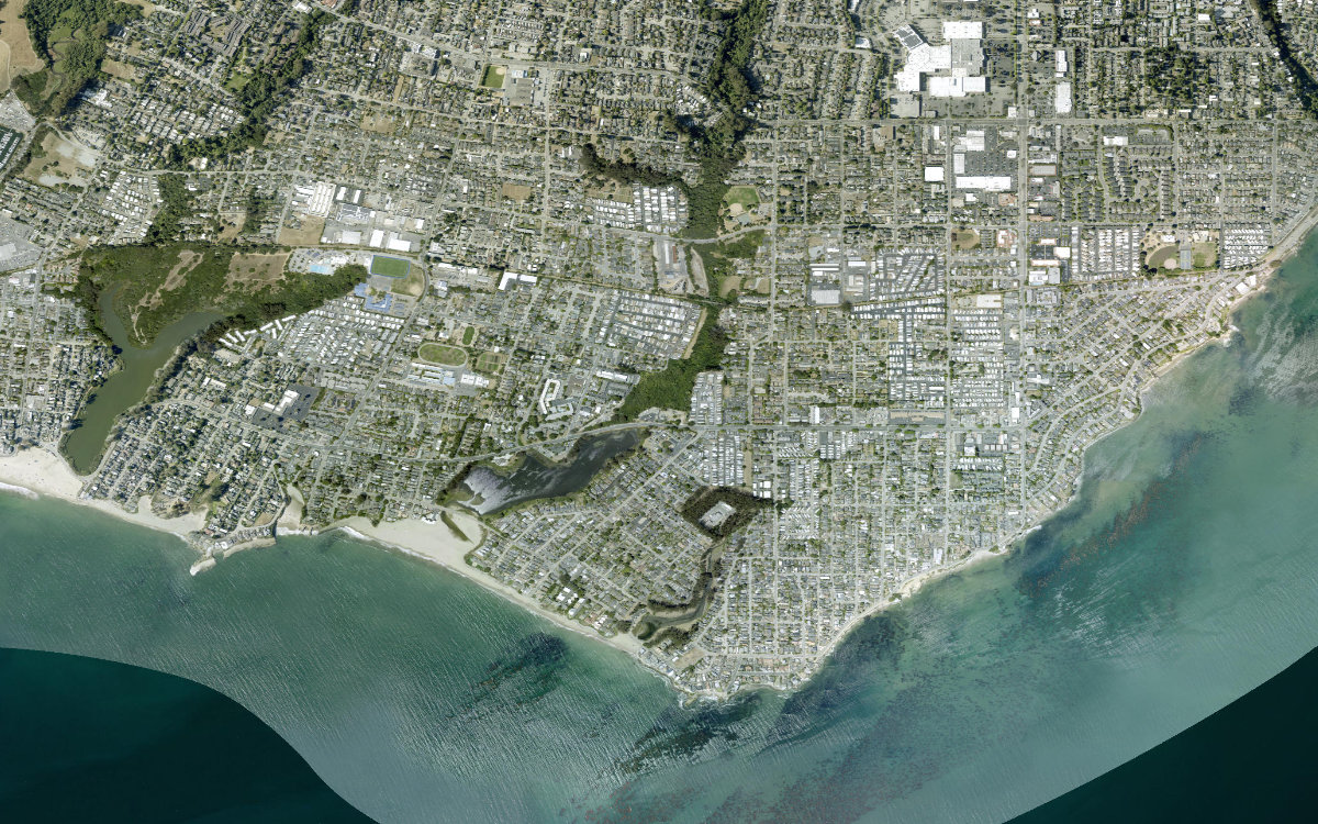 Satellite view centered on Beach RV Pleasure Point, showing the area within 20 minutes by foot